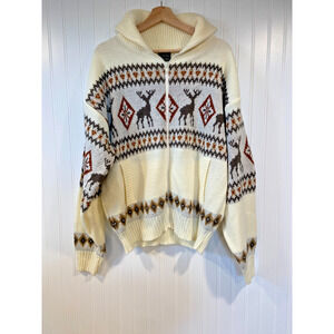 Scandia Woods Cardigan Sweater Unisex XL White Red Zip Front Deer Knit Nordic